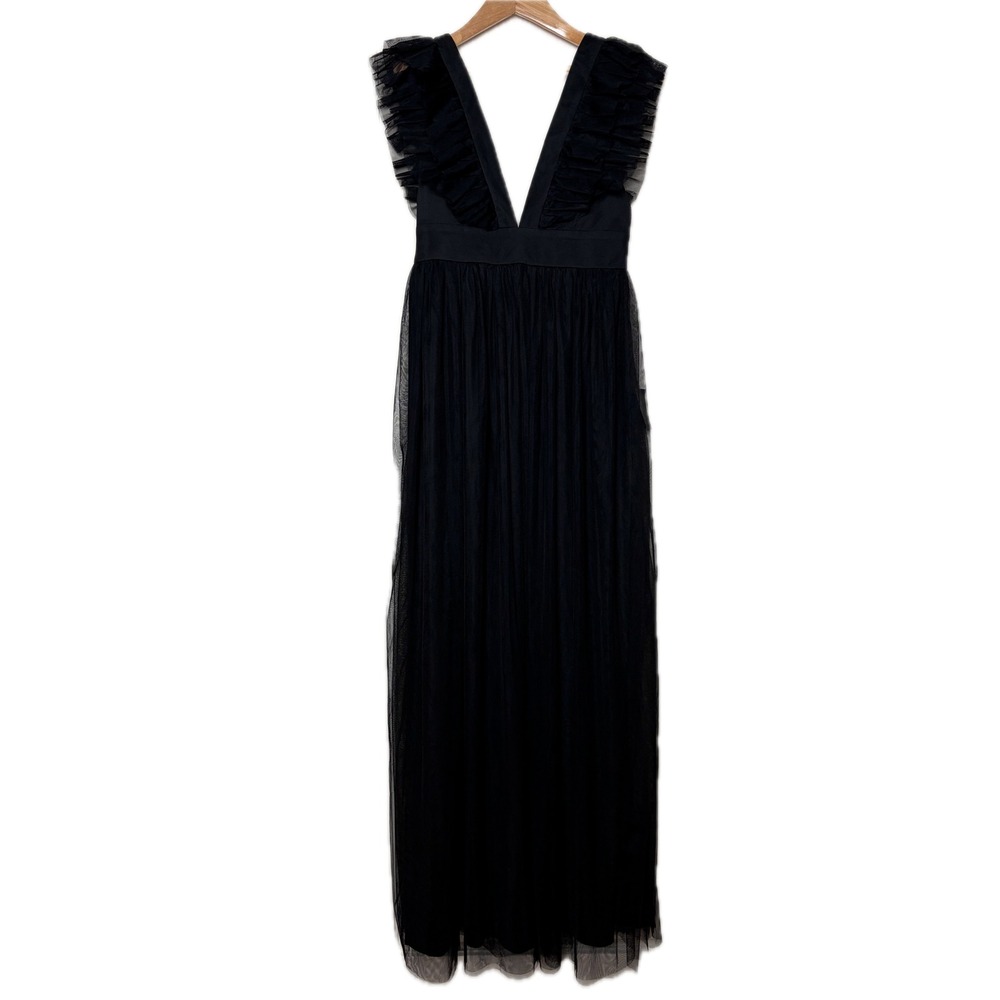 Lulus Black Tulle Ruffle Maxi Dress Deep V-Neck Formal Gown Small NWT